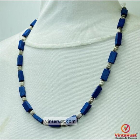 Lapis Lazuli Beaded Necklace: Silver Accent, Adjustable Cotton Tie - Picture 3 of 7